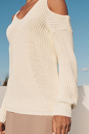Buy Ecru Cream Cut Out Shoulder V Neck Jumper from Next Luxembourg