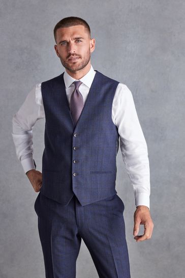 Navy Blue Regular Fit Signature Italian Fabric Check Suit Waistcoat