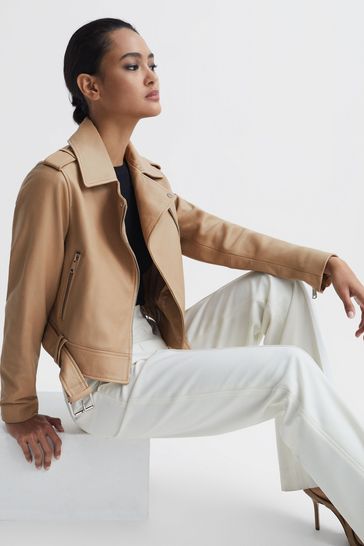 Buy Reiss Neutral Tyler Leather Biker Jacket from Next Poland