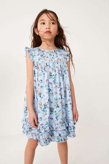 Blue floral satin best sale dress