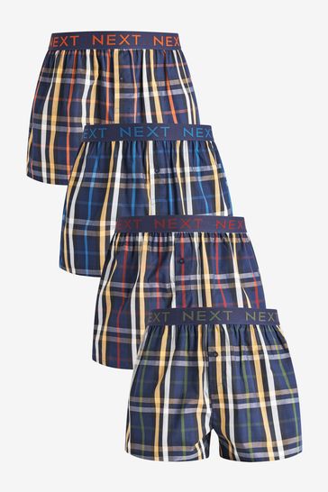Navy Blue Check Elastic Waistband 4 pack Pattern Woven Pure Cotton Boxers