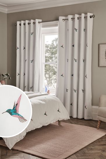 White Hummingbird Embroidered Blackout Eyelet Curtains
