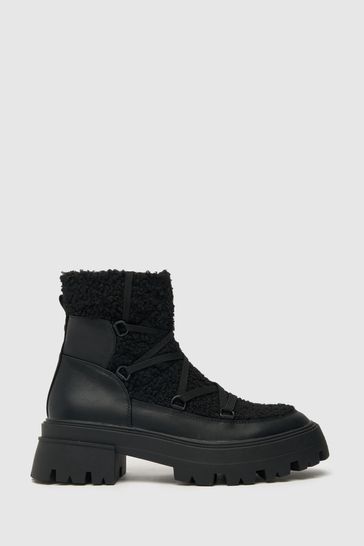Schuh Adelaide Black Faux Fur Chunky Lace Boots
