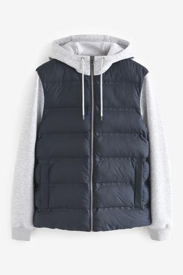 Puffer jacket with jersey hood sales