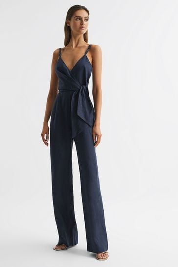 Buy Reiss Navy Emilia Petite V Neck Linen Jumpsuit from Next