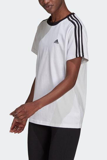 Adidas white shirt with black stripes best sale