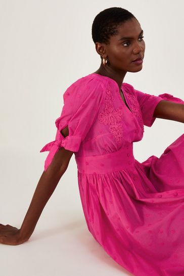 Buy Monsoon Pink Embroidered Dobby Dress In Sustainable Cotton