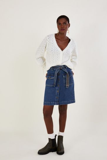 Monsoon Blue Denim Button Through Belted Skirt With Sustainable Cotton