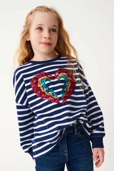 Buy Navy Stripe Sequin Heart Long Sleeve T Shirt 3 16yrs from Next Luxembourg