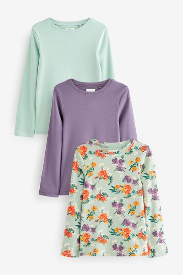 Purple/Teal Blue Floral Long Sleeve Ribbed Tops 3 Pack (3-16yrs)