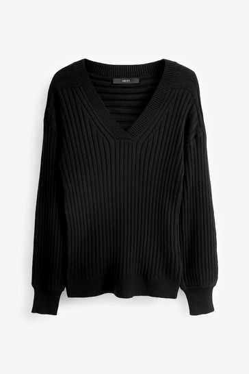 Buy Black Ribbed V Neck Jumper from Next Luxembourg