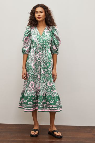 Buy Green and Pink Floral Puff Sleeve Poplin Dress from Next Luxembourg