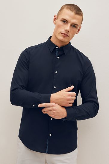 Navy Blue Stretch Oxford Long Sleeve Shirt