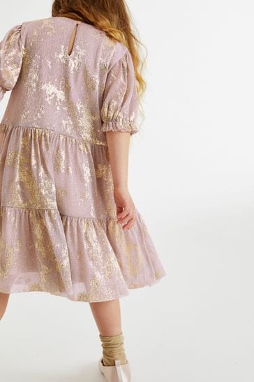 Buy Pink Gold Foil Sparkle Mesh Short Sleeve Tiered Party Dress 3
