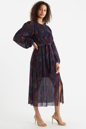 Louche London Black Louche Roza Multicolour Plisse V-Neck Puff Sleeve Midi Dress