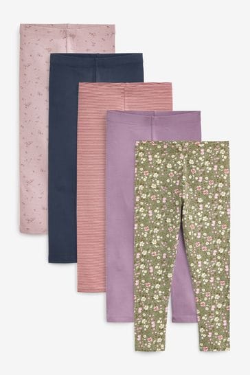 Pink/Navy Blue/Khaki Green Ditsy Floral Print Leggings 5 Pack (3-16yrs)