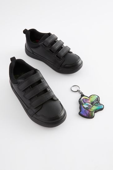 Black Dinosaur School Strap Touch Fastening Shoes