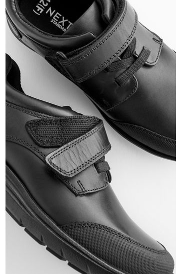 Buy Black Standard Fit F School Leather Elastic Lace Shoes from