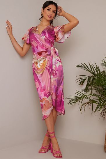 Chi Chi London Pink Dark Curve Floral Printed V-Neck Wrap Dress