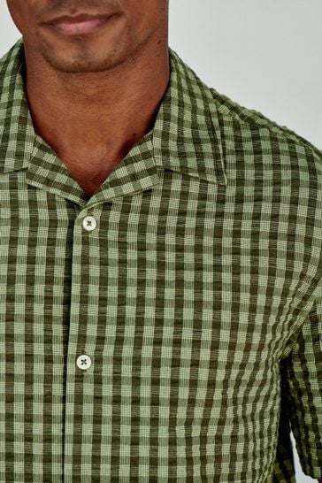 Green Textured Check Cuban Collar Short Sleeve Shirt