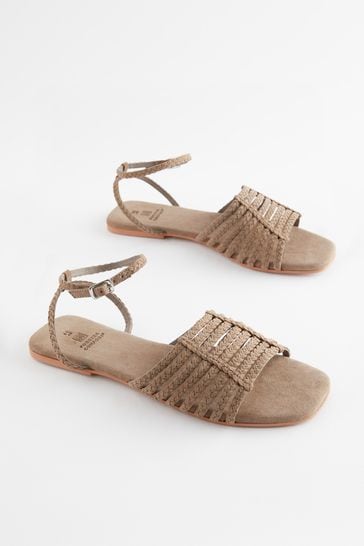 Taupe Brown Extra Wide Fit Forever Comfort® Leather Plait Sandals