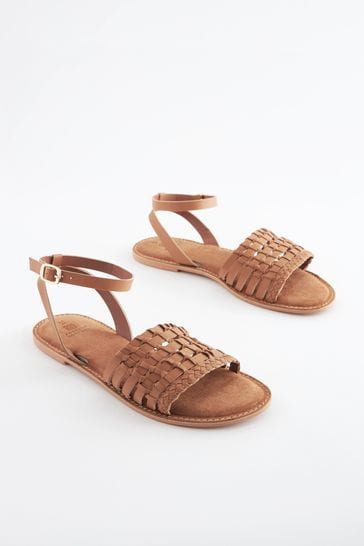 Tan Brown Extra Wide Fit Forever Comfort Leather Woven Flat Sandals