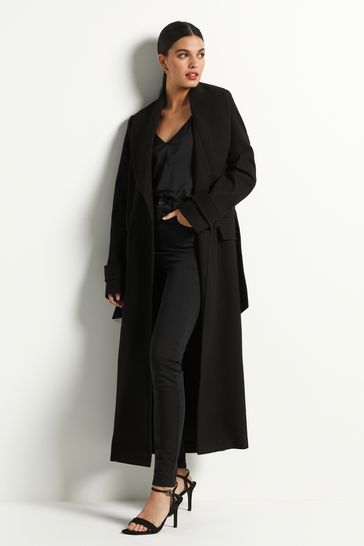 Black long belted coat sale