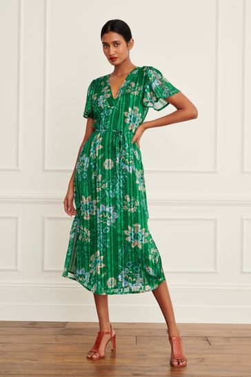Buy Green V Neck Chiffon Tie Waist Midi Dress from Next Latvia