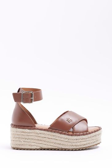 River Island Brown Wide Fit Espadrille Flatform Sandals