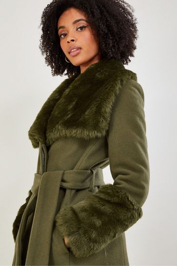 Calvin klein faux fur trim wrap coat store