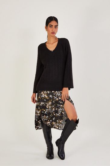 Monsoon V-Neck Cable Longline Black Jumper with Recycled Polyester