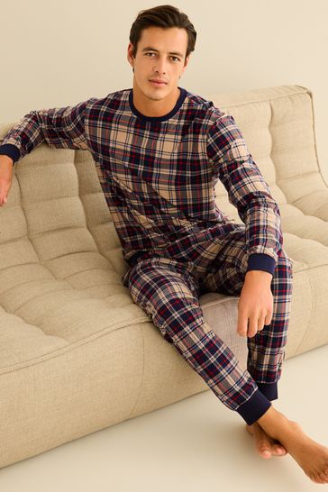 Buy Navy Blue Neutral Check Cuffed Motionflex Long Sleeve Cosy Pyjamas from Next Belgium