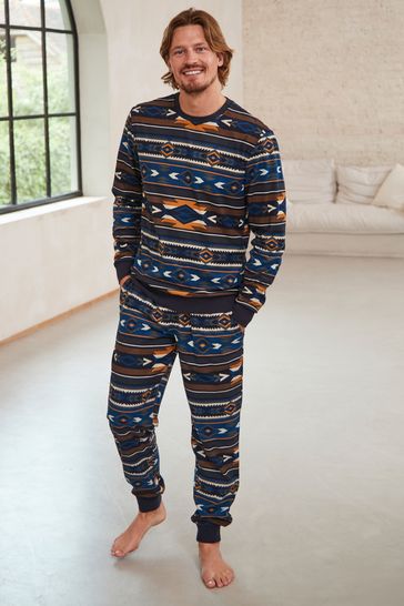 Buy Navy Pattern Cuffed Motionflex Long Sleeve Cosy Pyjamas from Next Luxembourg