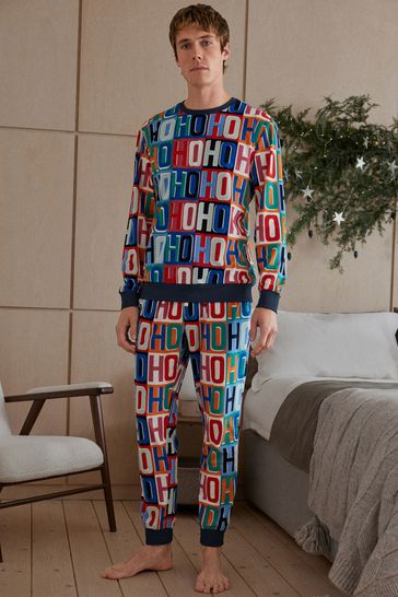 Navy Blue HoHoHo Matching Family Mens Cosy Pyjamas
