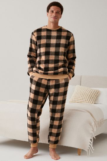 Neutral Check Matching Family Mens Cosy Fleece Pyjamas