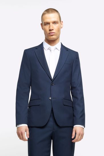 River Island Blue Skinny Twill Suit Jacket