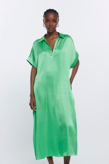 River Island Green Shift Short Sleeve Midi Dress