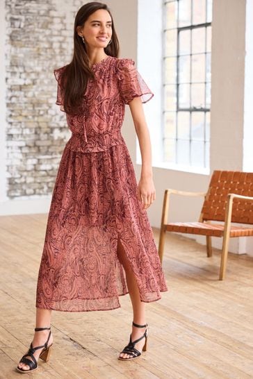 Pink Paisley Chiffon Flutter Sleeve Midi Dress