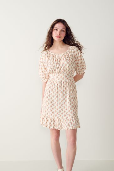 Buy Brown Floral Puff Sleeve Linen Mix Mini Dress from Next Luxembourg