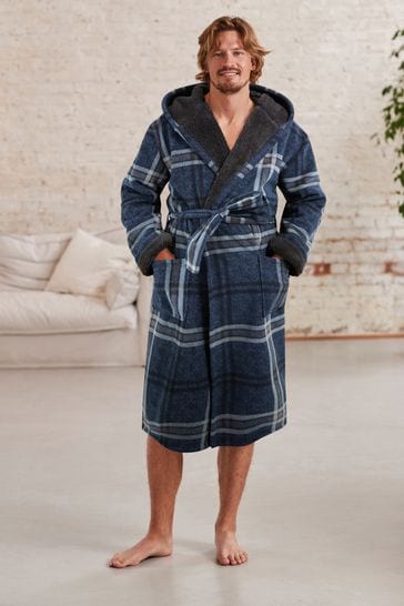 Buy Blue Check Signature Borg Lined Dressing Gown from Next Latvia