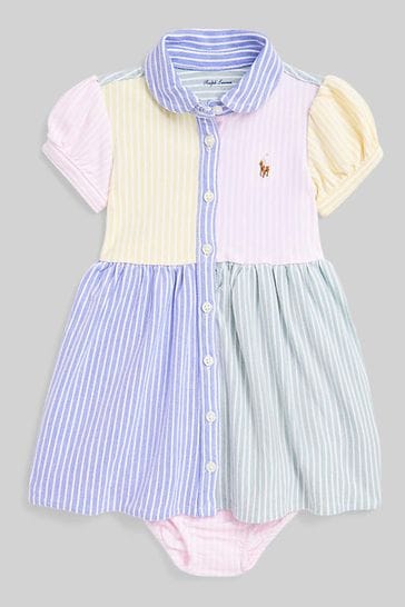 Polo Ralph Lauren Baby Pink and Blue Funstripe Logo Shirt Dress