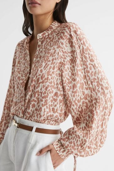 Reiss Neutral Calla Animal Print Blouse