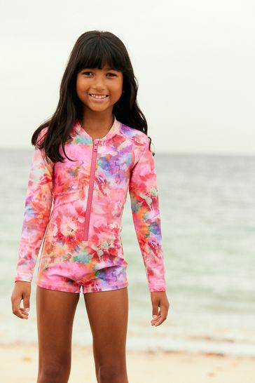 Pink Colour Burst Long Sleeved Shortie Swimsuit (3-16yrs)