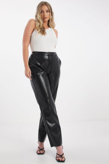 Simply Be Croc Effect Faux Leather Straight Leg Black Trousers