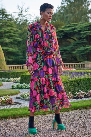 Buy Another Sunday Floral Midi Dress With Tie Neck Detail In Pink from Next  Singapore