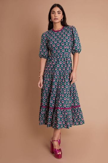 Another Sunday Tiered Midi Smock Dress With Puff Sleeves In Green