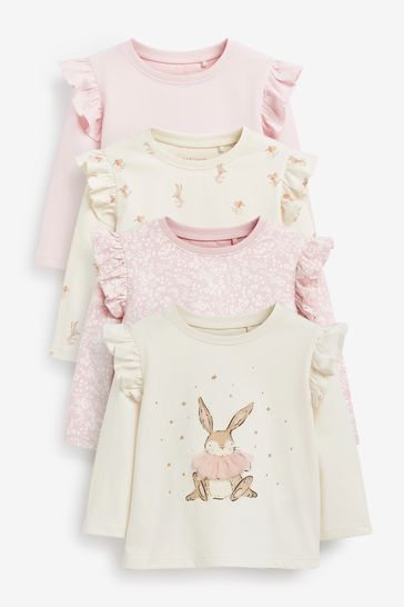 Pink/Cream Bunny Long Sleeve Cotton T-Shirts 4 Pack (3mths-7yrs)
