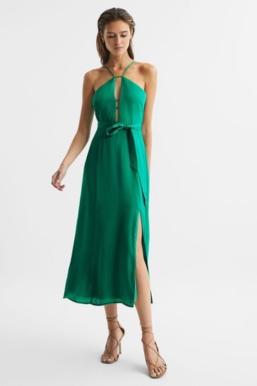 Buy Reiss Green Arianna Halter Neck Belted Midi Dress from Next Ireland