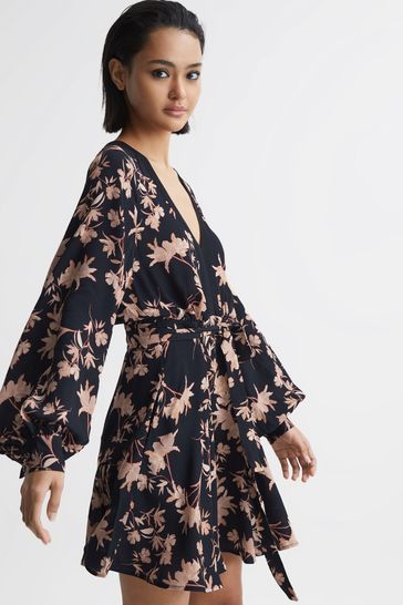 Reiss Pink/Black Kerina Floral Print V-Neck Dress