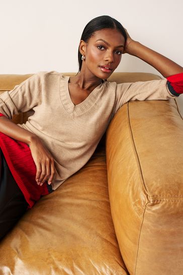 Buy Neutral Printed Cosy V Neck Long Sleeve Longline Tunic Jumper